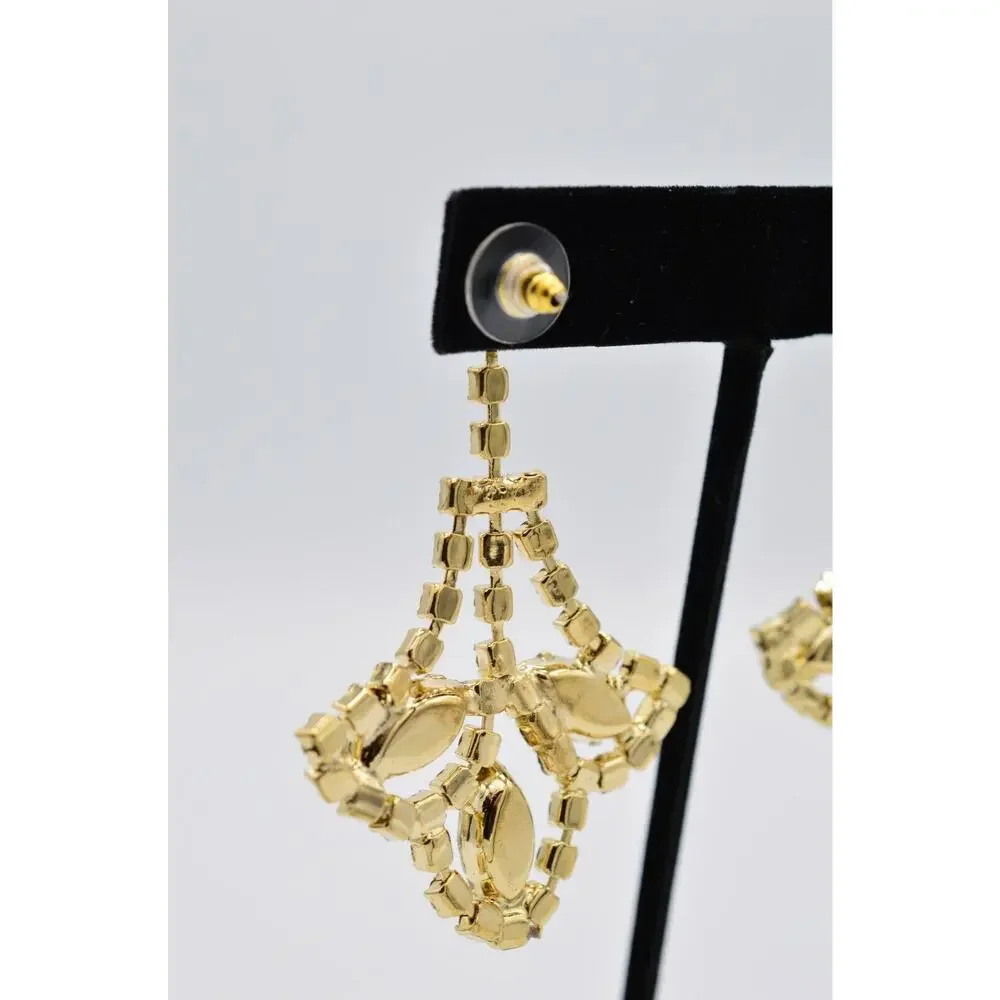 Vintage Crystal Earrings Shiny Gold Prong Rhinestone Dangle NOS 1980s BinAA